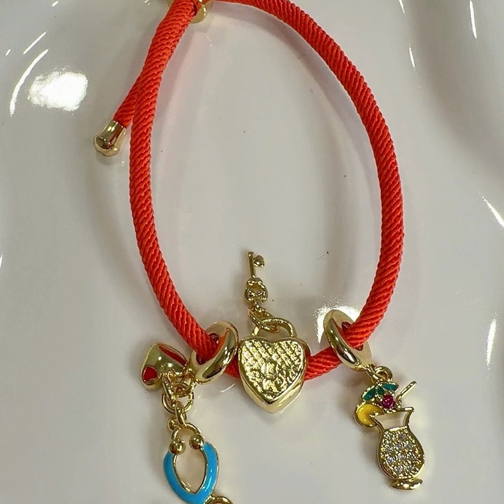 Red Cord Bracelet with Gold Charms
